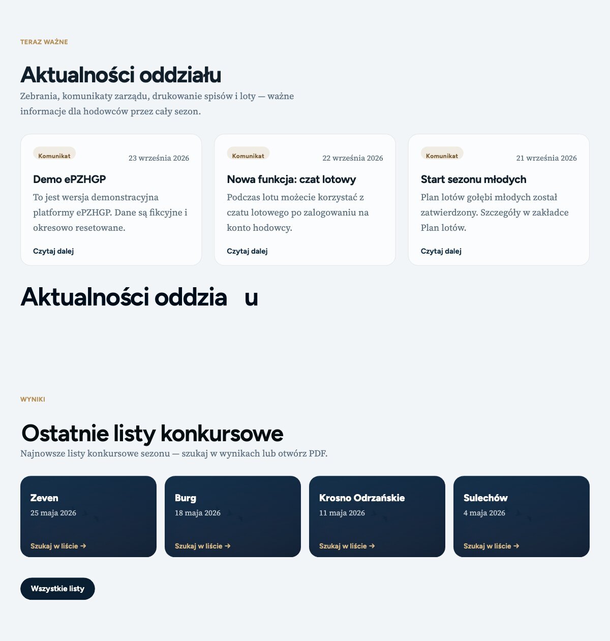 Prawdziwy zrzut ekranu: start portalu oddziału — aktualności, nadchodzące loty i listy konkursowe